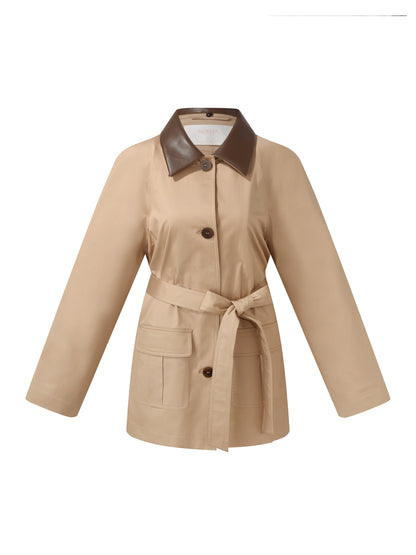 Cotton Adjustable Cuffs Self-Tie Belt Women Trench Coat