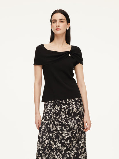 Lyocell Blend Off Shoulder Women Knit Top With Detachable Magnetic Flower