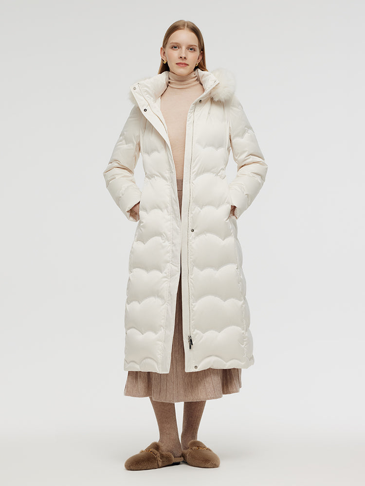 Belted Long Goose Down Coat With Detachable Faux Fur Hood