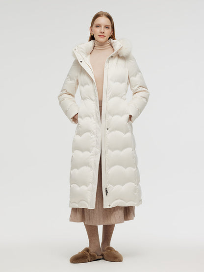 Belted Long Goose Down Coat With Detachable Faux Fur Hood