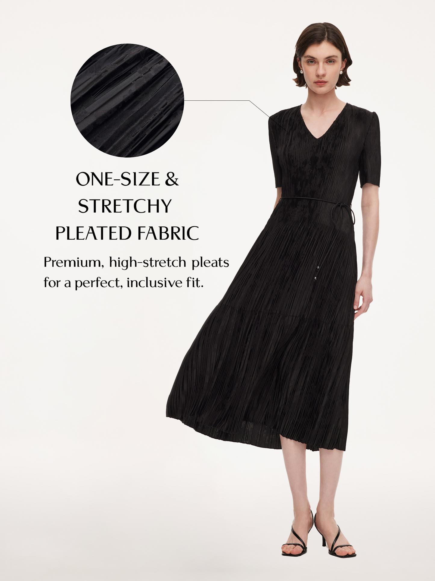Satin Jacquard Women Pleated Maxi Dress With Self-Tie Belt