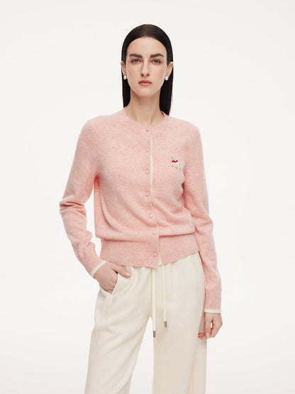 100% Wool Color Block Pony Embroidered Women Cardigan