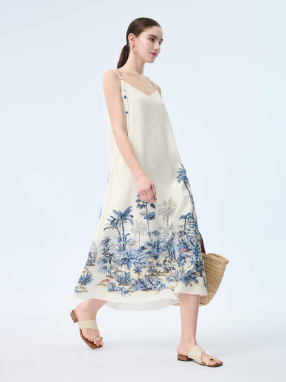 Tencel Linen Blend Floral Print Women Strap Maxi Dress