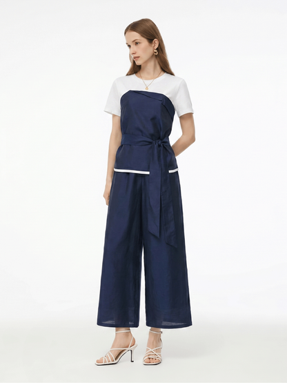 Tencel Blend Patchwork Top And Pants Two-Piece Set