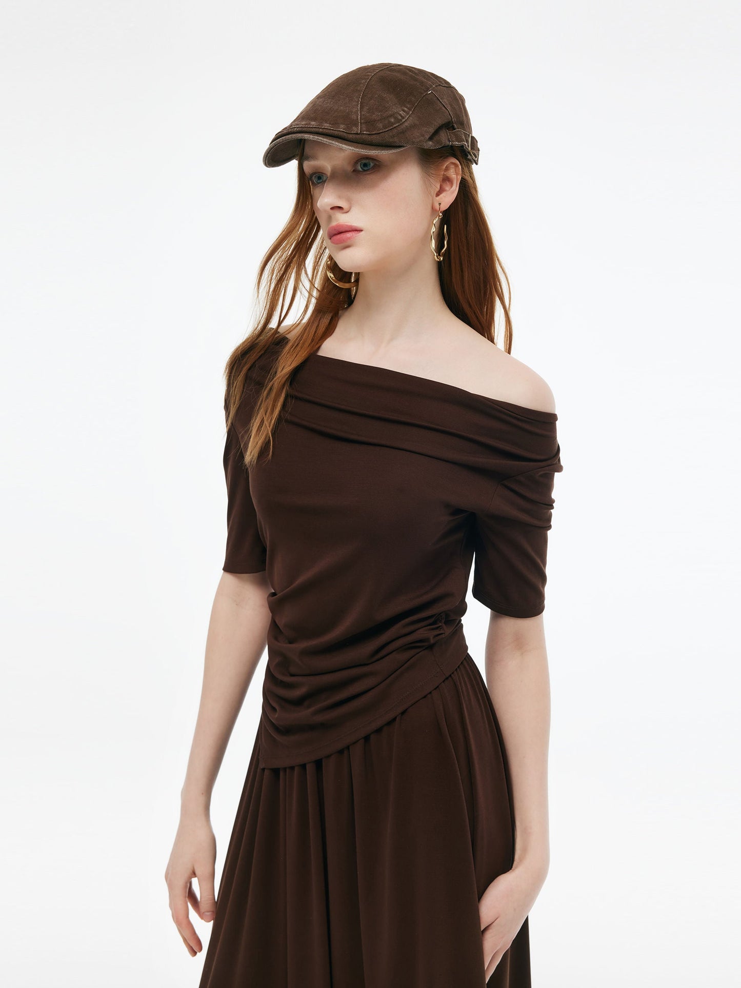 Tencel Blend Stretchy Knit Top And A-Line Skirt Two-Piece Set