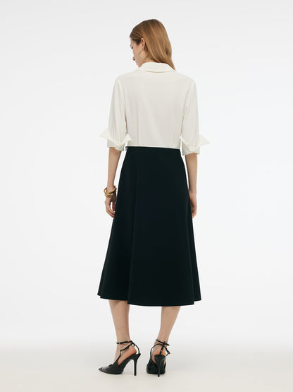 Pre-Order Faux-Layered Color Block Women Midi Dress With Leather Belt