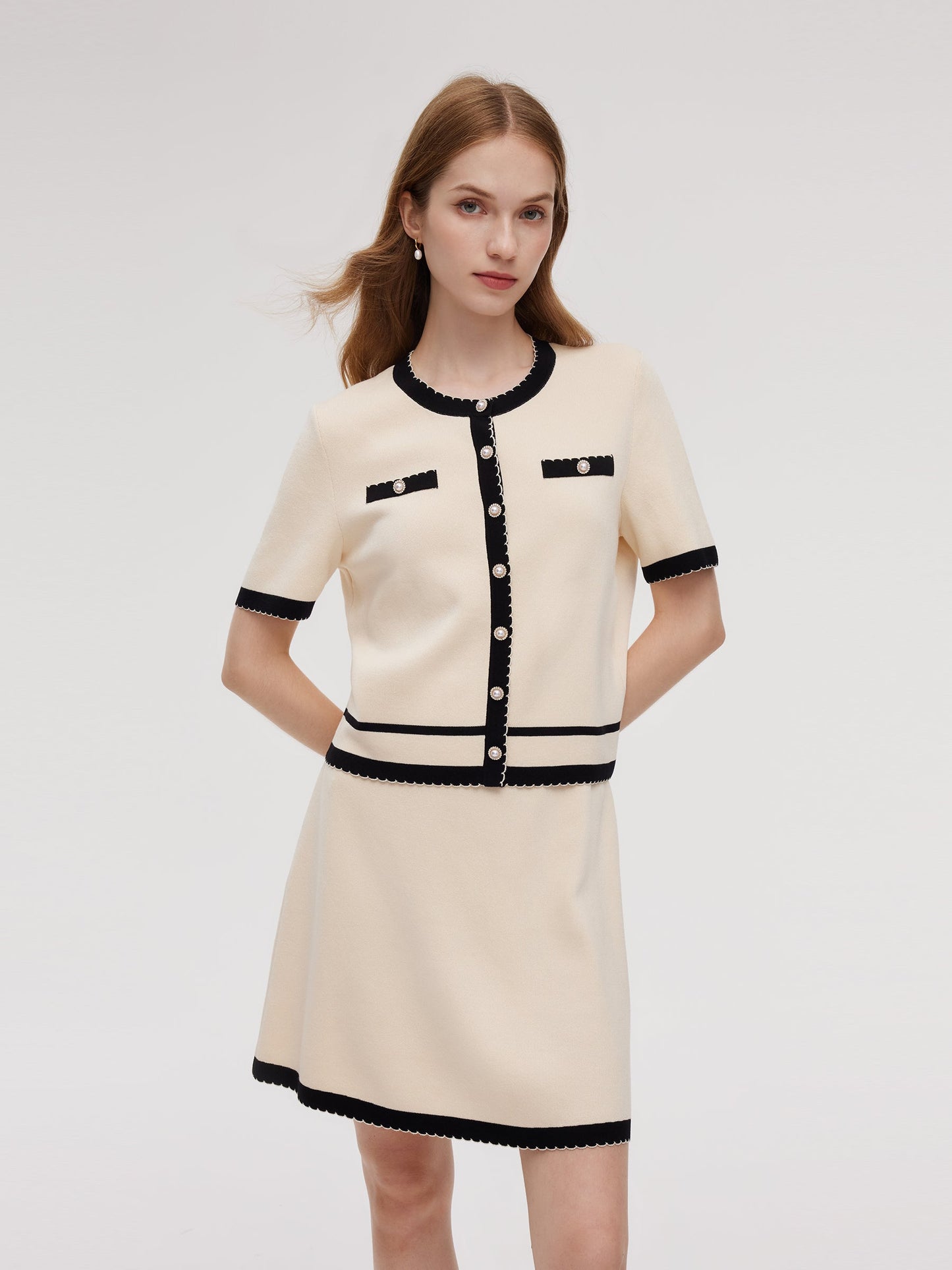 Lyocell Blend Contrast Trim Cardigan And Mini Skirt Two-Piece Set