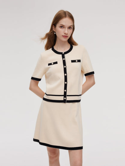 Lyocell Blend Contrast Trim Cardigan And Mini Skirt Two-Piece Set