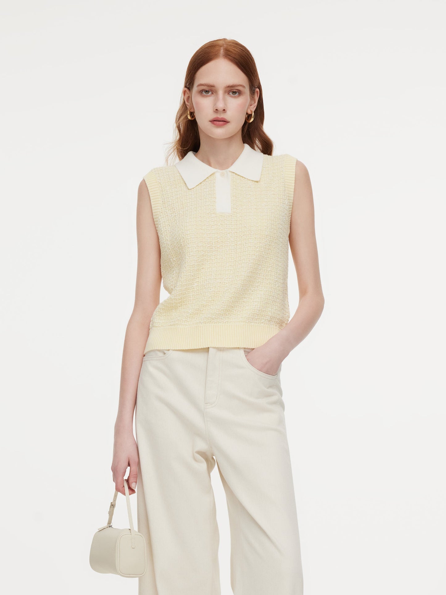 Contrast Collar Women Knit Polo Tank Top