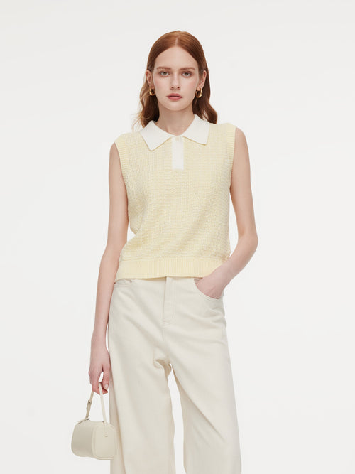 Contrast Collar Women Knit Polo Tank Top