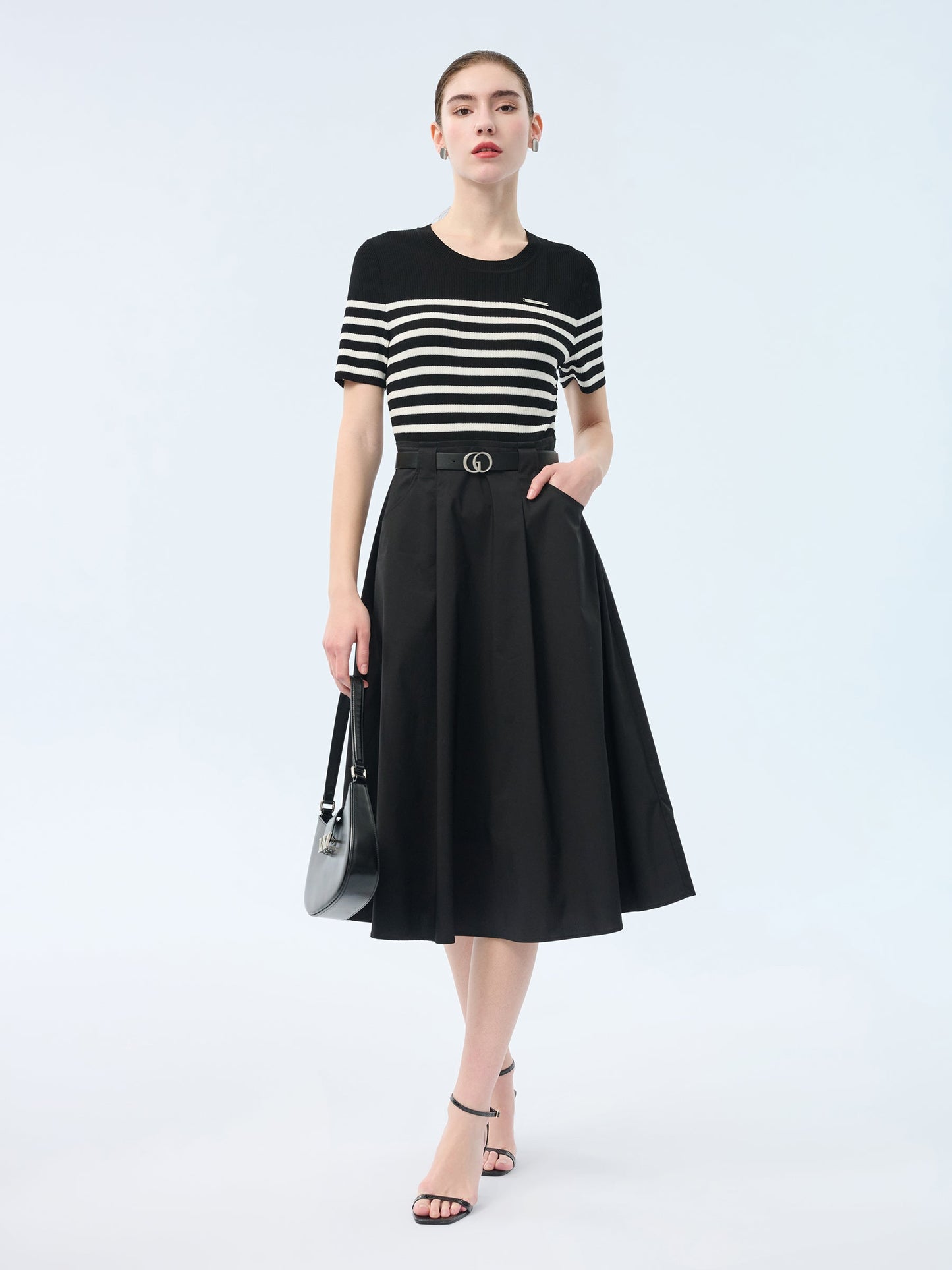 Lyocell Blend Stripe Patchwork Women Midi Dress With Belt
