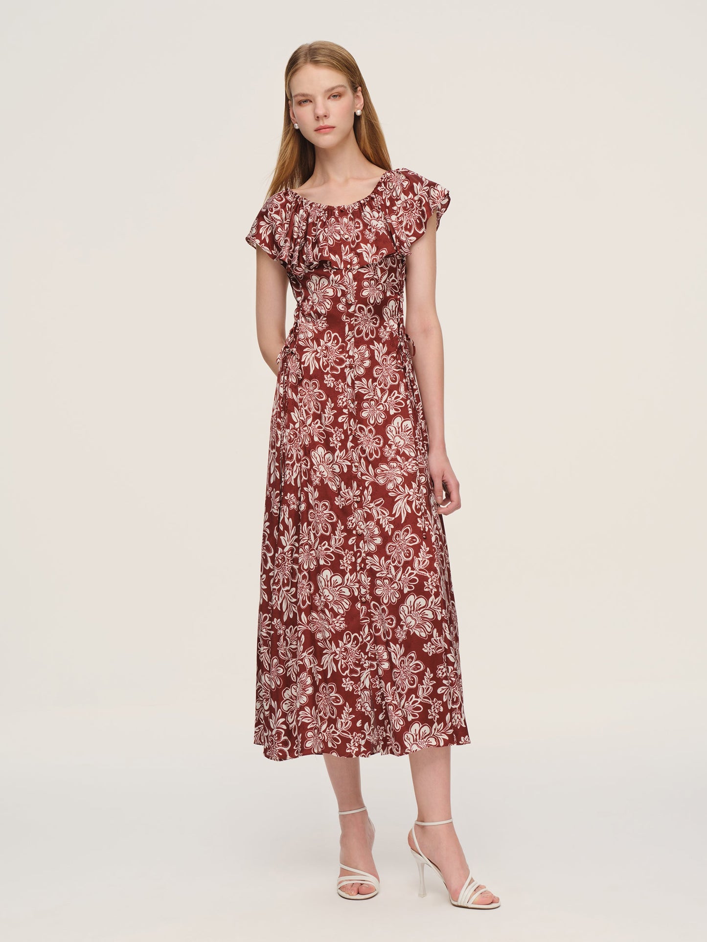 Marigold Floral Print Convertible Elastic Neck Women Maxi Dress