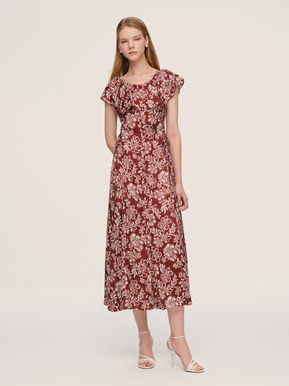 Marigold Floral Print Convertible Elastic Neck Women Maxi Dress