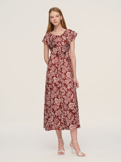 Marigold Floral Print Convertible Elastic Neck Women Maxi Dress