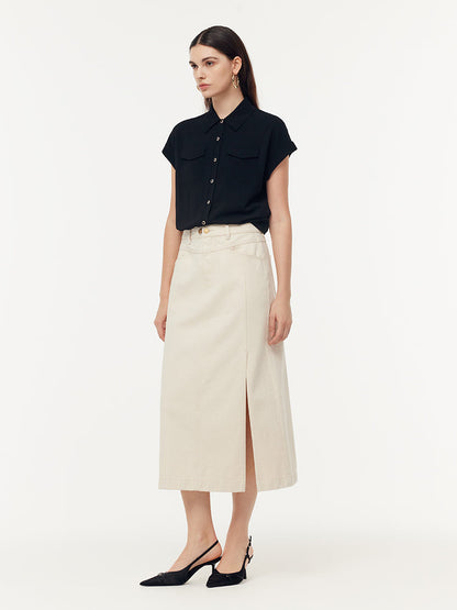 100% Cotton Denim Adjustable Waist Women Slit Skirt