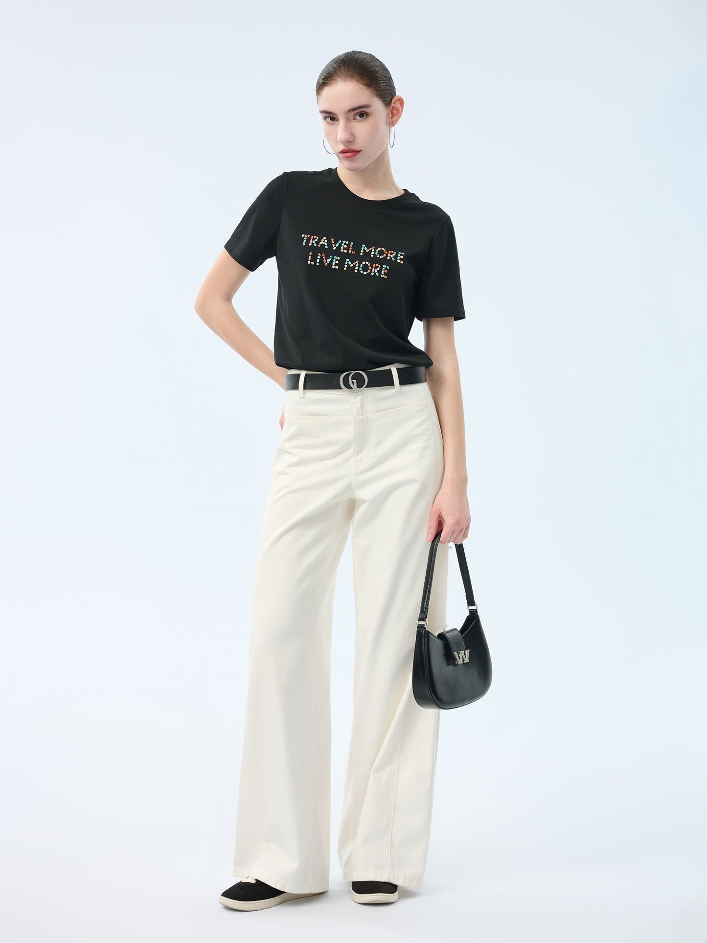 Cotton Beaded Letter Women T-Shirt