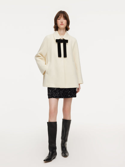 100% Wool Women Coat With Detachable Bowknot