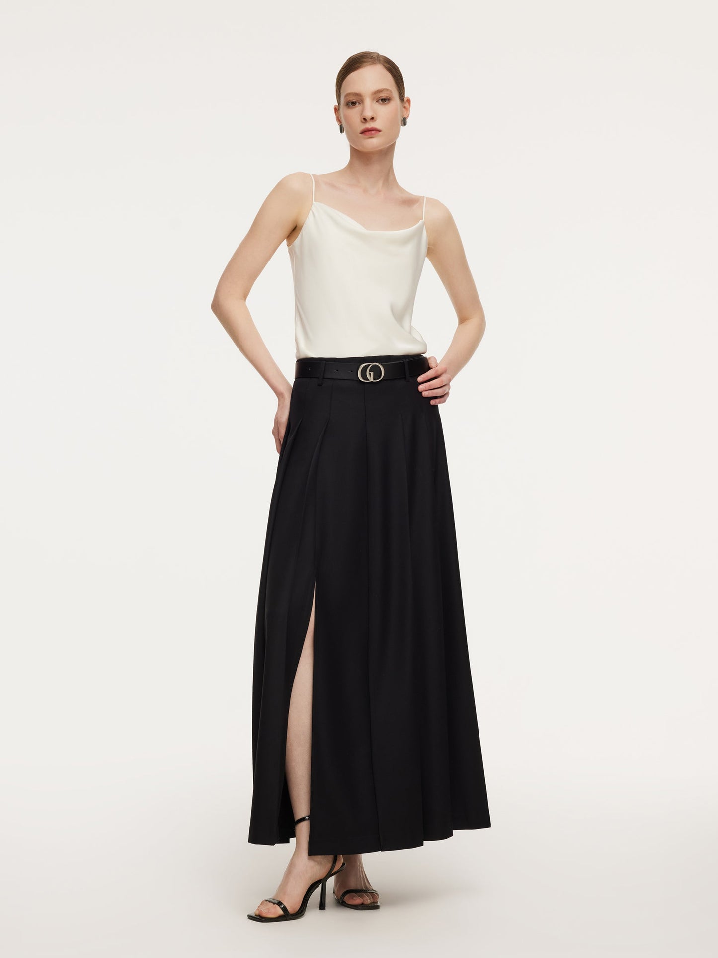 100% Wool Side Slit Women Pleated Skirt With Belt