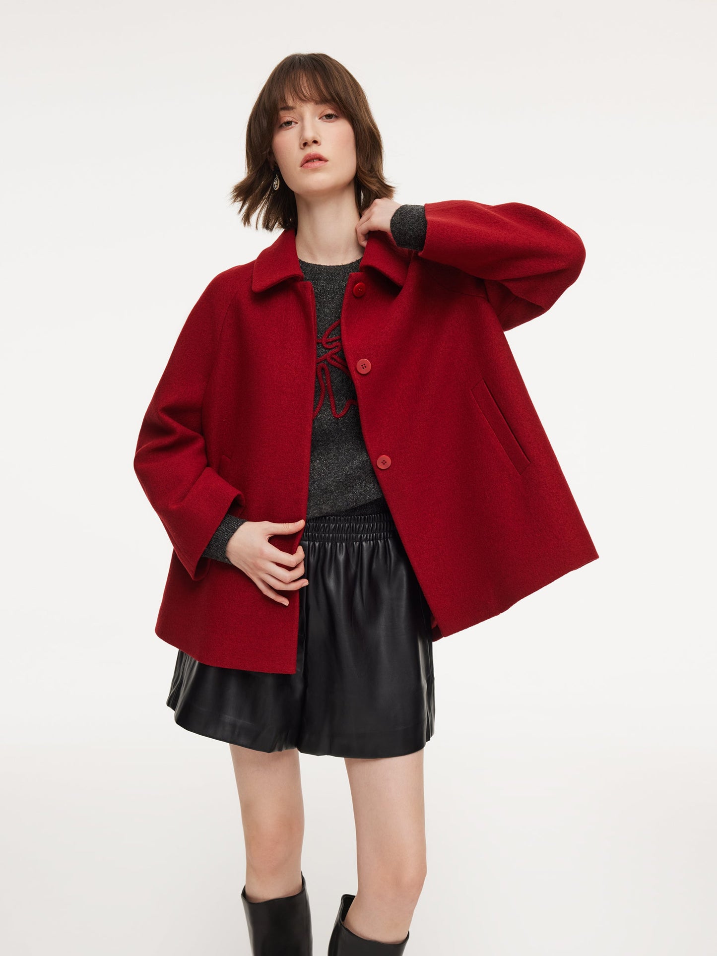 100% Wool Women Coat With Detachable Bowknot