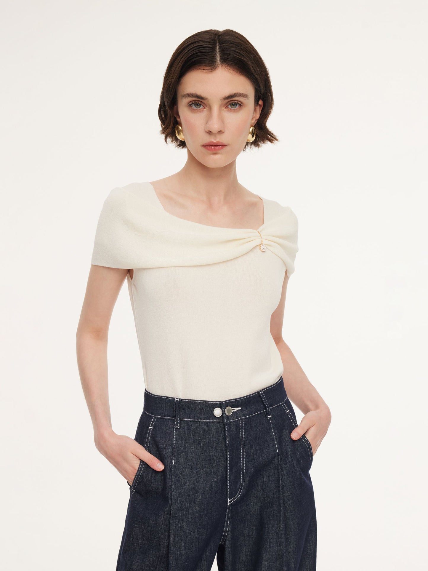 Lyocell Blend Off Shoulder Women Knit Top With Detachable Magnetic Flower