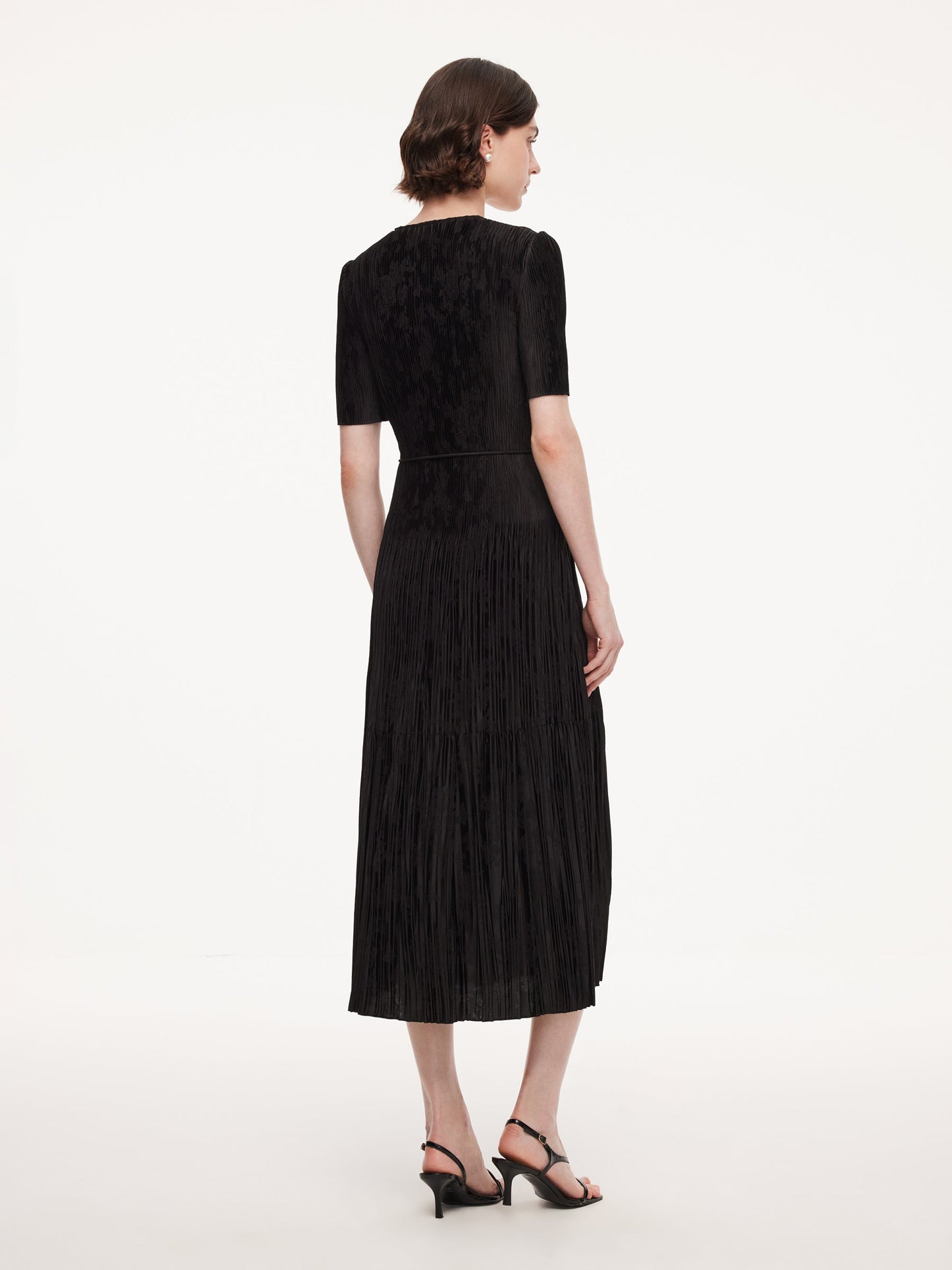 Satin Jacquard Women Pleated Maxi Dress With Self-Tie Belt