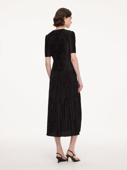 Satin Jacquard Women Pleated Maxi Dress With Self-Tie Belt