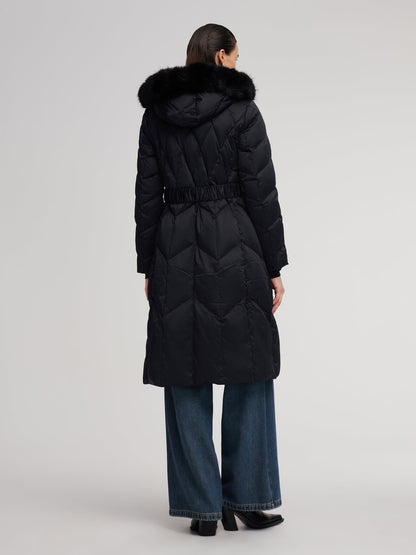 Gathered Waist Long Goose Down Garment With Faux-Fur Collar