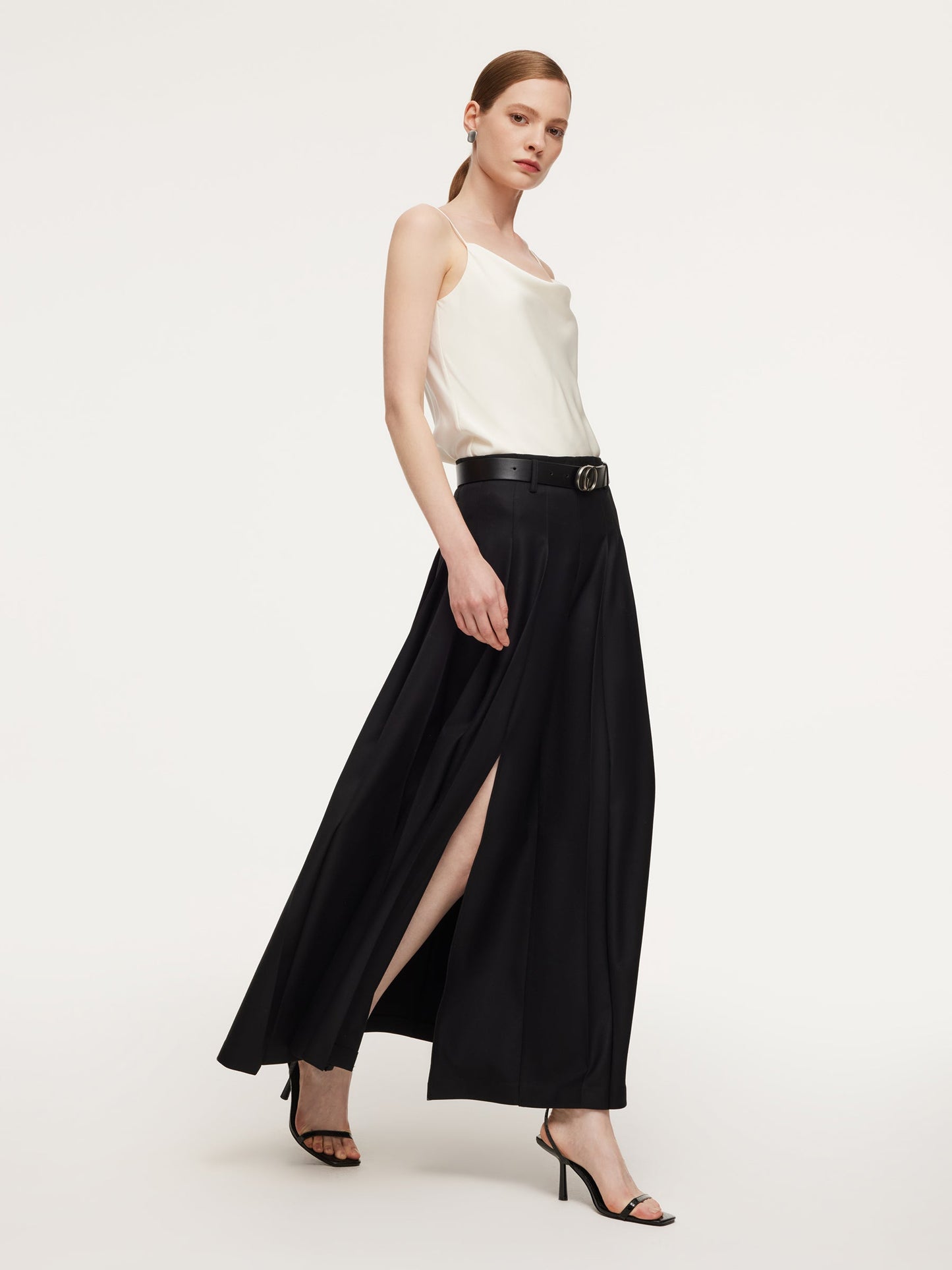 100% Wool Side Slit Women Pleated Skirt With Belt