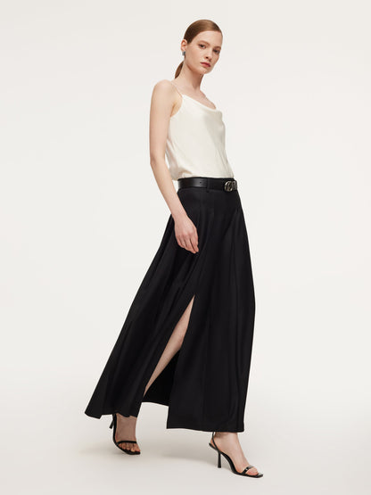 100% Wool Side Slit Women Pleated Skirt With Belt