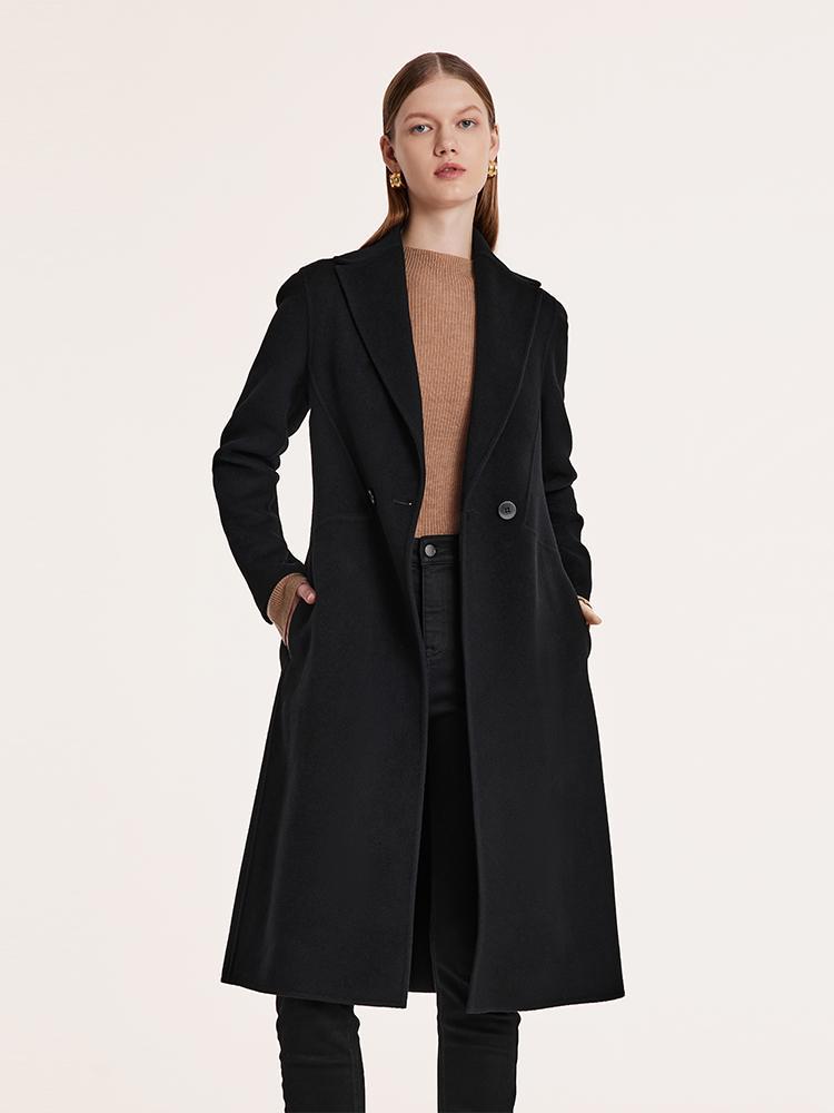 Black Wool And Cashmere Notched Lapel Women Coat