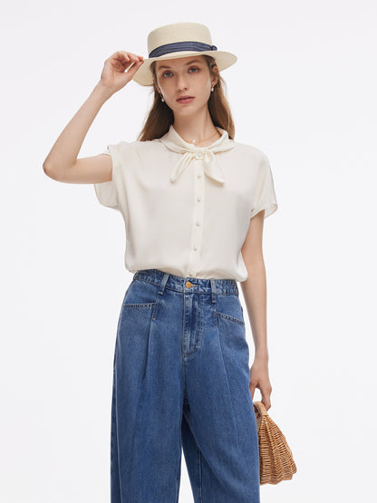 22MM Mulberry Silk Women Bow Tie Neck Shirt