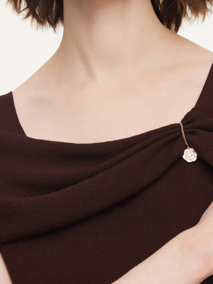 Lyocell Blend Off Shoulder Women Knit Top With Detachable Magnetic Flower