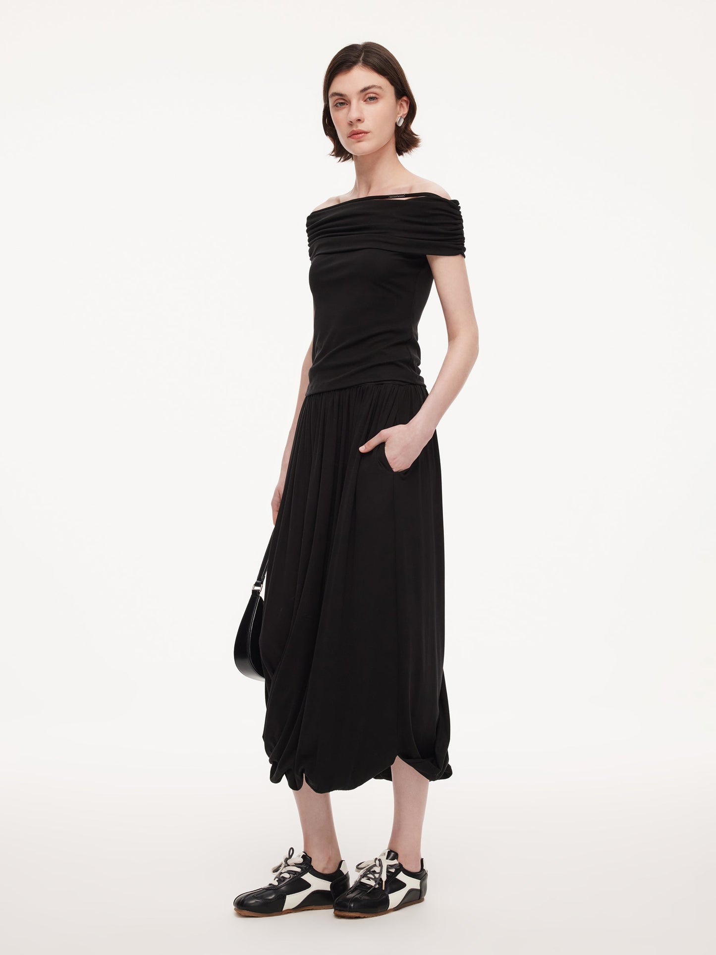 Tencel Blend Off Shoulder Knit Top And Bubble Hem Skirt Two-Piece Set