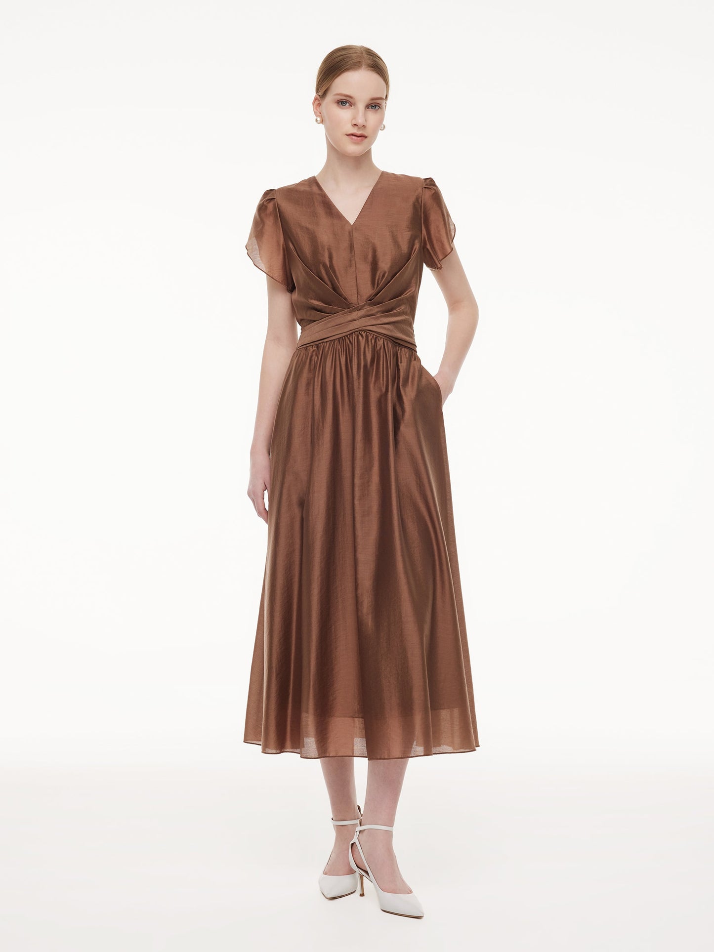 Tencel Blend Twist Front V-Neck Women Maxi Dress