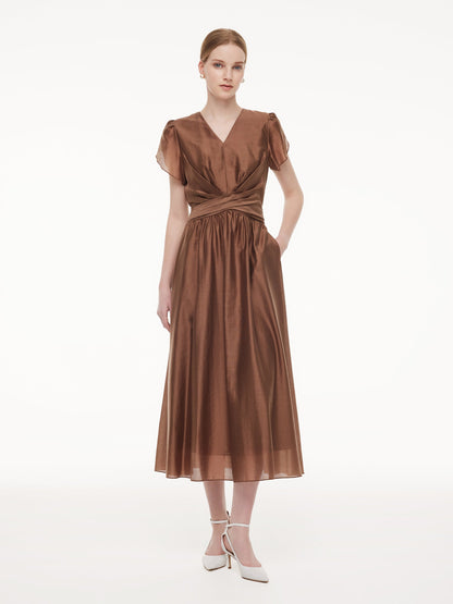 Tencel Blend Twist Front V-Neck Women Maxi Dress