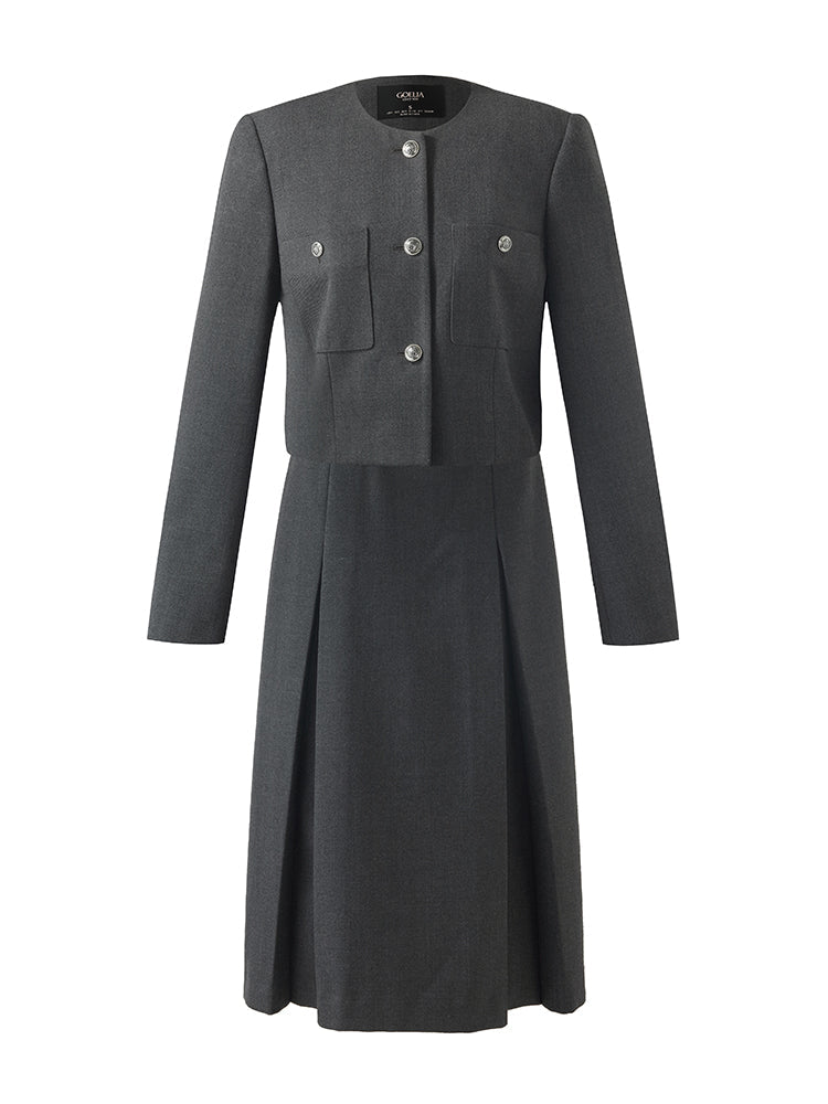 Wool Blend Crop Jacket And A-Line Skirt Two-Piece Set With Leather Belt