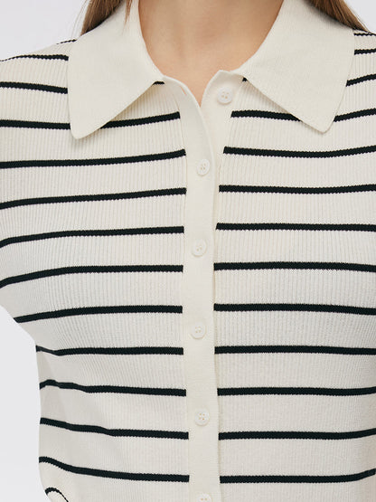 Tencel Stripe Women Short Sleeve Cardigan
