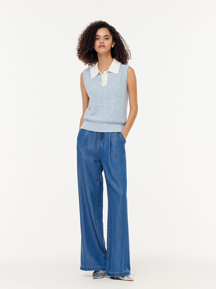 Contrast Collar Women Knit Polo Tank Top