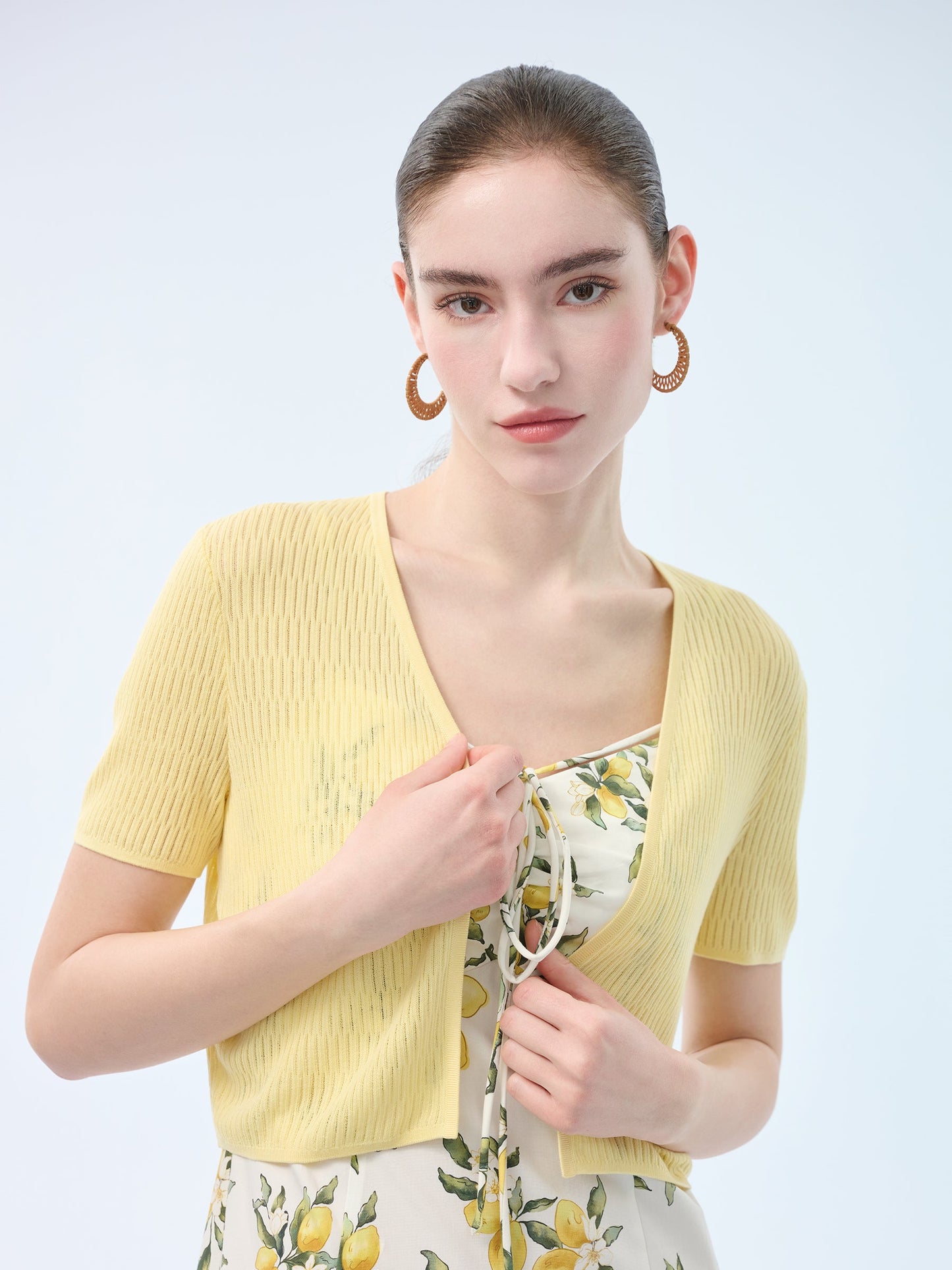 Cotton Lemon Print Strap Dress And Cardigan Two-Piece Set