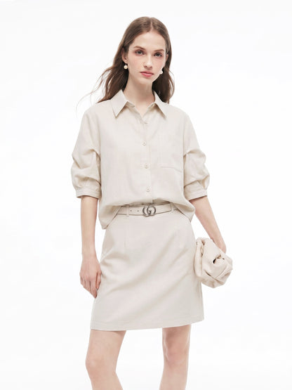 Lyocell Linen Blend Mock-Layered Women Mini Shirt Dress