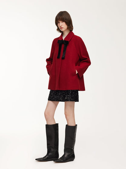 100% Wool Women Coat With Detachable Bowknot