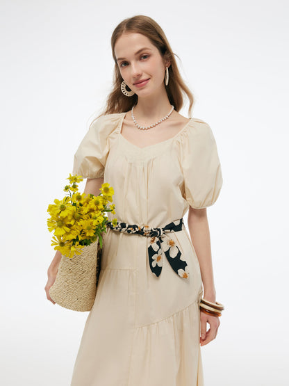 100% Cotton A-Line Women Maxi Dress With Two Tie Belts