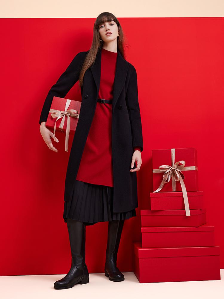 Black Wool And Cashmere Notched Lapel Women Coat