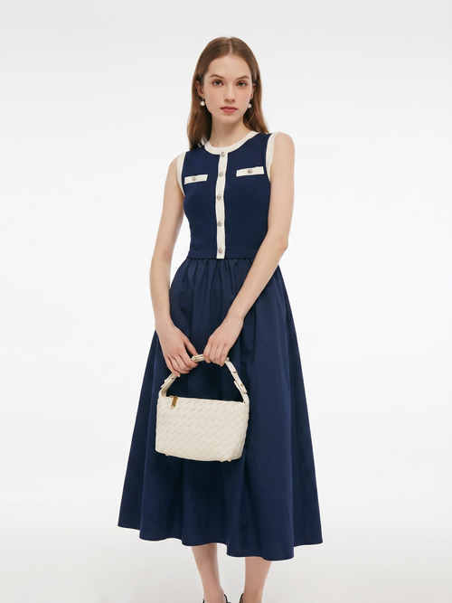 Lyocell Blend Contrast Trim Women Patchwork Sleeveless Maxi Dress