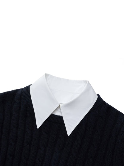 Wool Blend Cable Knit Women Sweater With Detachable Collar And Cuffs