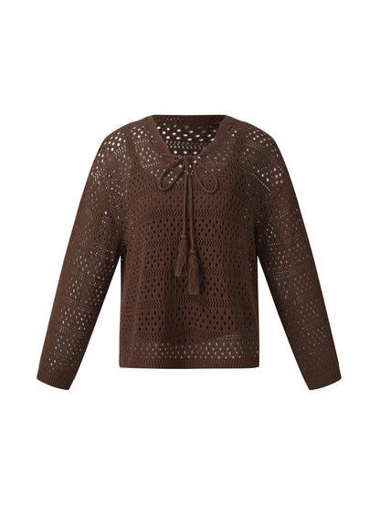Linen Blend Openwork Pullover And Knit Tank Two-Piece Set
