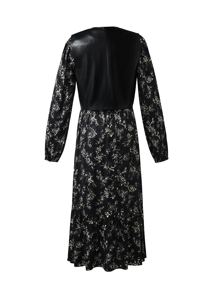 Eco-Friendly Fur Vest And Floral Print Dress Two-Piece Set