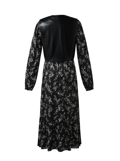 Eco-Friendly Fur Vest And Floral Print Dress Two-Piece Set