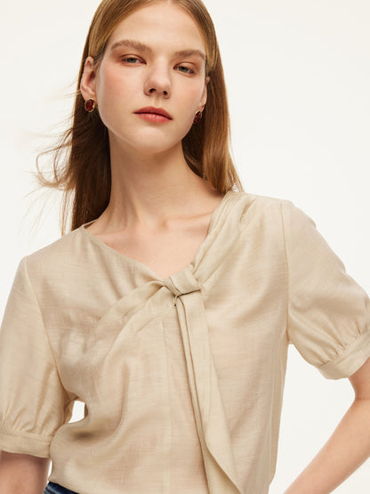 Tencel Acetate Linen Blend Tie Neck Women Blouse