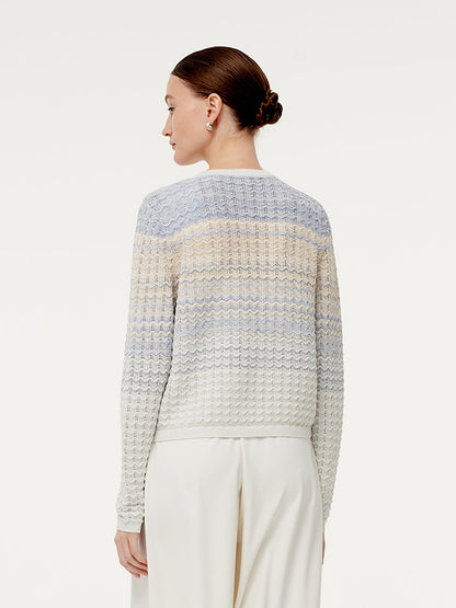 Cotton Blue And White Gradient Stripe Women Cardigan